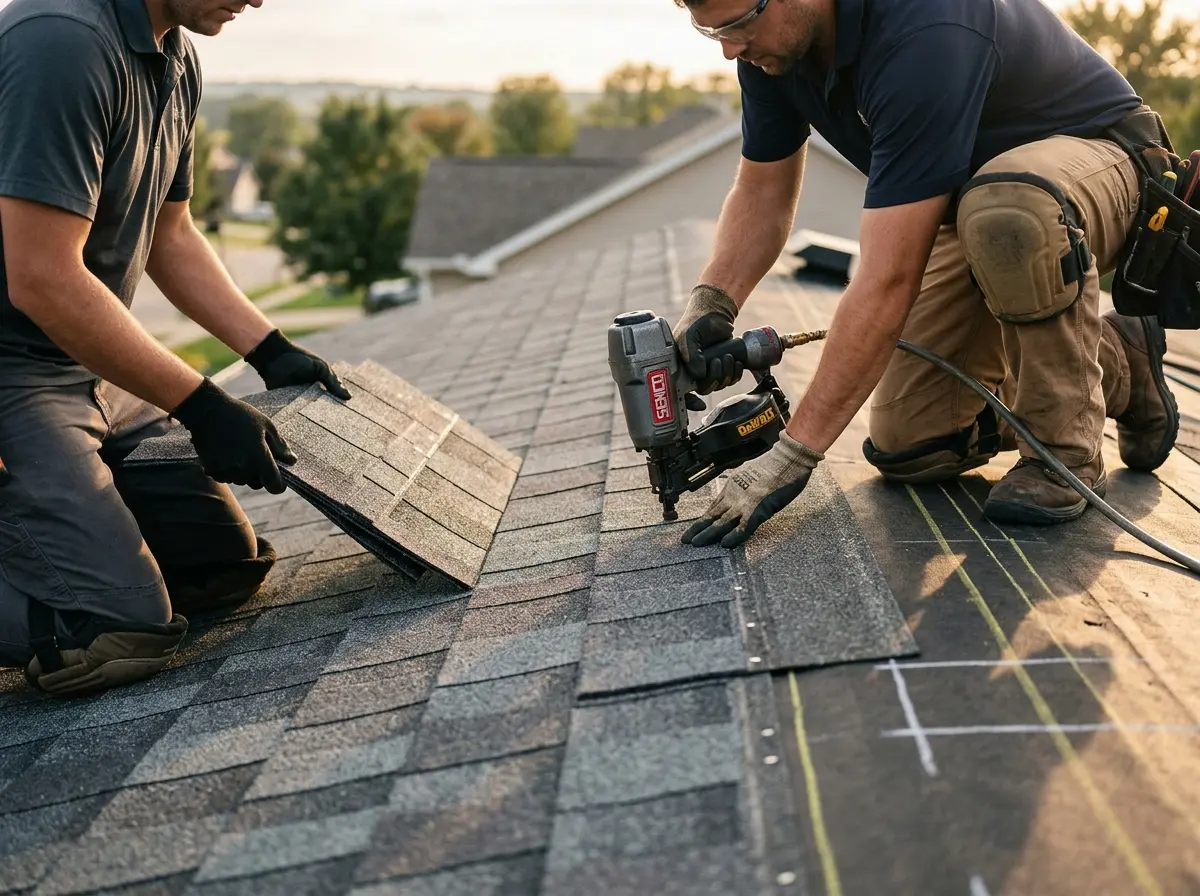 Professional roofer working on a residential roof in Huntington